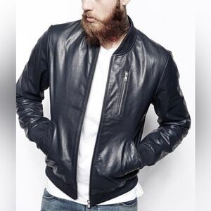 Asos Genuine Leather Ribbed Knit Cuffs Zip Up Men’s Bomber Jacket, M
